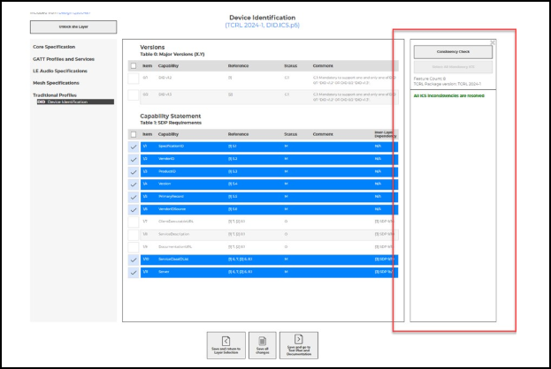 ICS Selection page with optional features and the Consistency Check.
