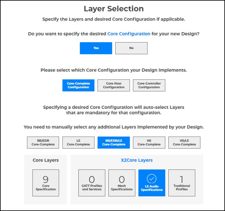 Layer Selection screen in Qualification Workspace with Core Configuration and Core Layers questions