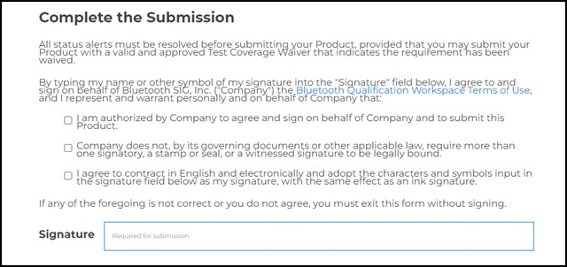 Qualification Product Terms of Use acknowledgment checkboxes and Signature field