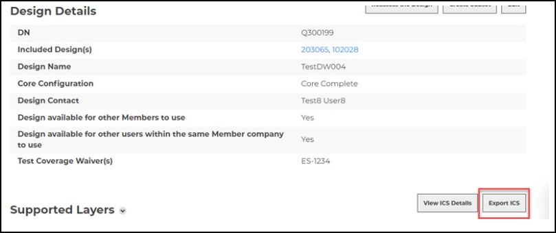 Design Details section of the Qualified Product Details page showing the Export ICS button