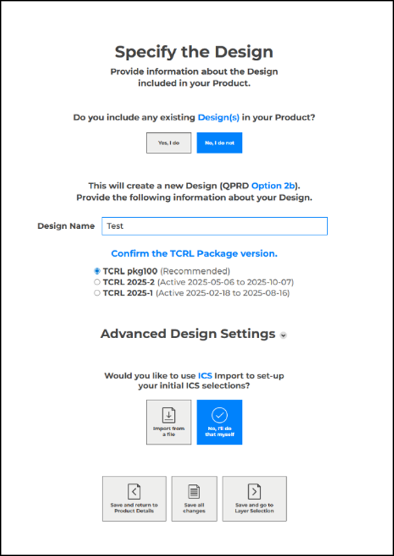 TCRL Package selection screen in Qualification Workspace