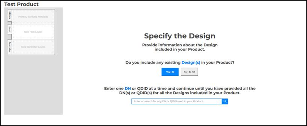 Qualification Workspace prompt asking whether to include existing Designs, with Yes, I do and No, I do not options