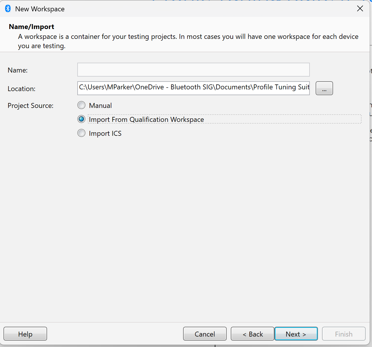 PTS New Workspace dialog with the Import From Qualification Workspace option selected in the Name/Import step.