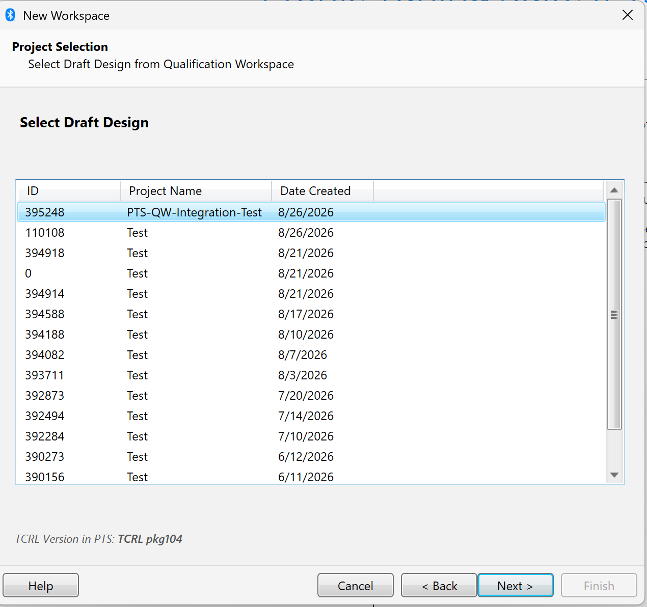 PTS Project Selection step showing a list of in-progress Qualification Workspace drafts to choose from.