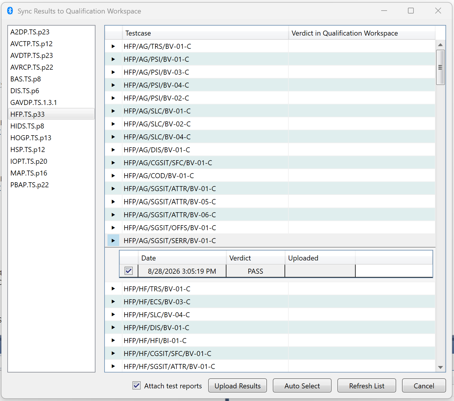 Sync to Qualification Workspace window with test results selected and the Attach Test Reports checkbox enabled.
