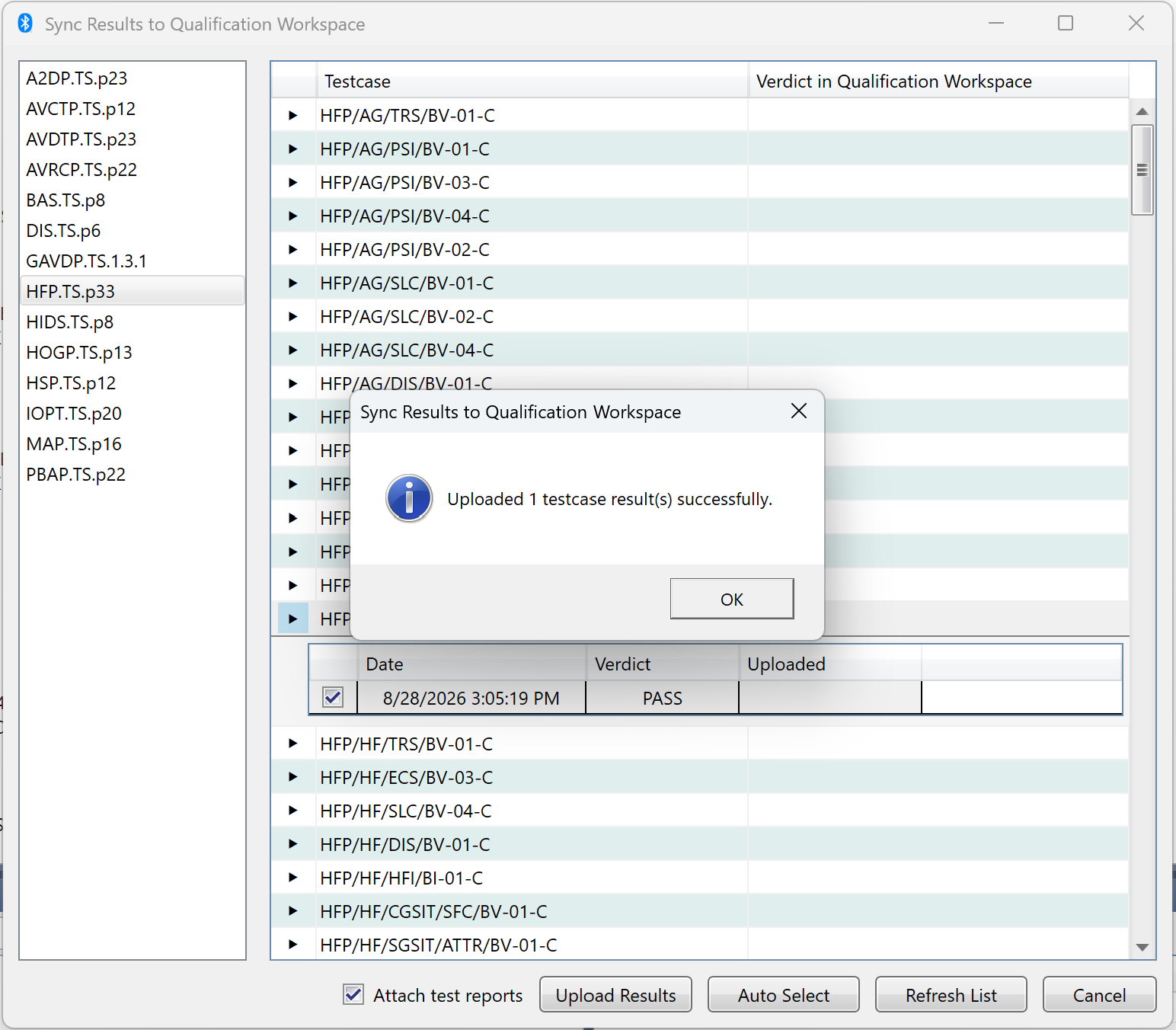 PTS confirmation message that test results and report were successfully uploaded to Qualification Workspace.