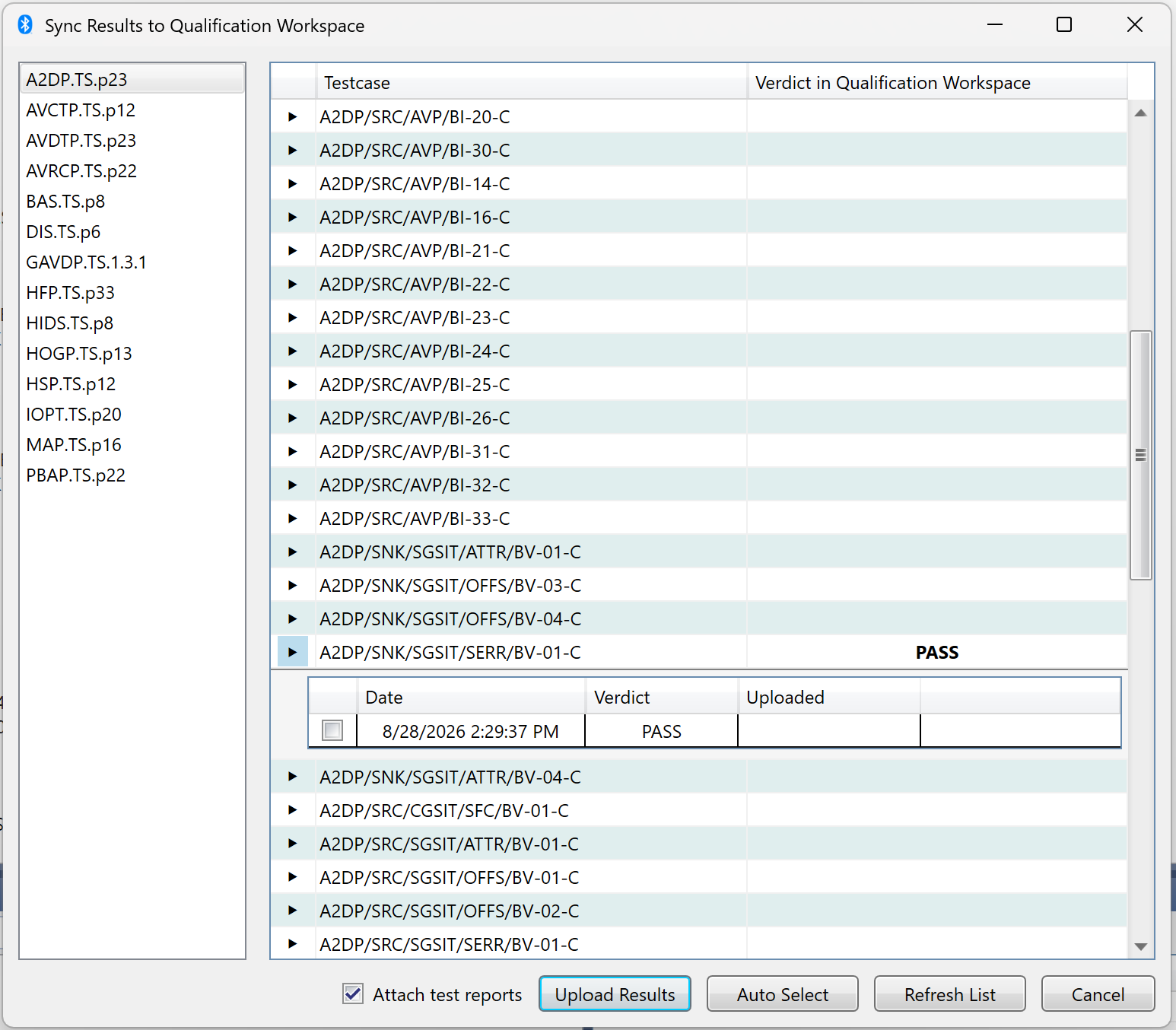 Sync Results view in PTS displaying the test case verdict as recorded in the Qualification Workspace draft.