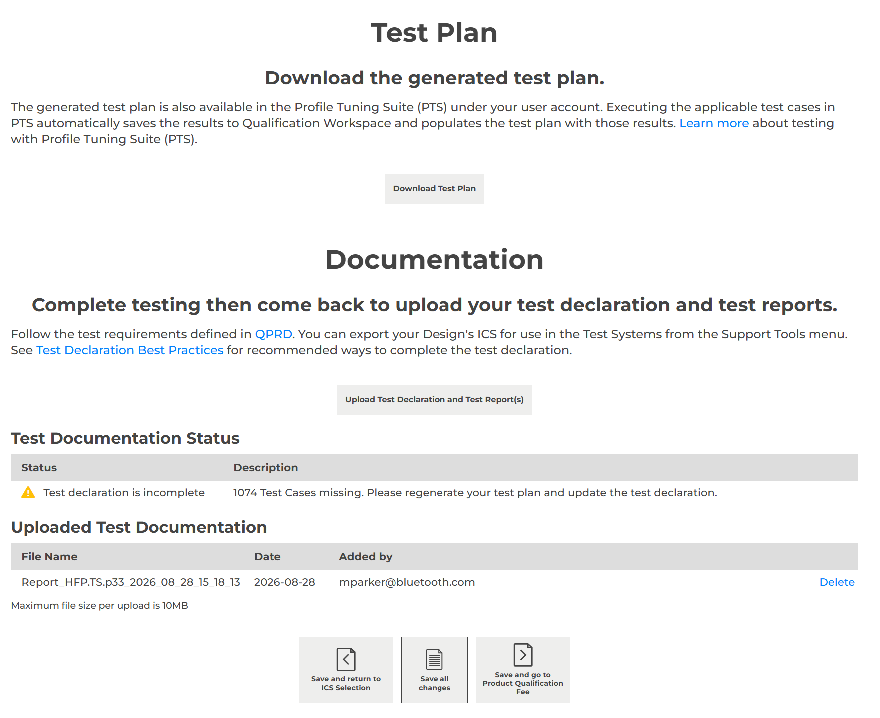 Qualification Workspace Test Plan and Documentation step showing the uploaded PTS test report and completed verdict fields.