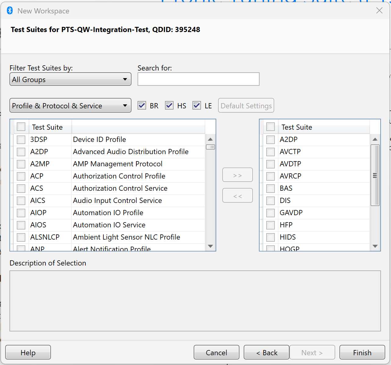 PTS Test Suites step displaying the required test suites populated from the Qualification Workspace draft.