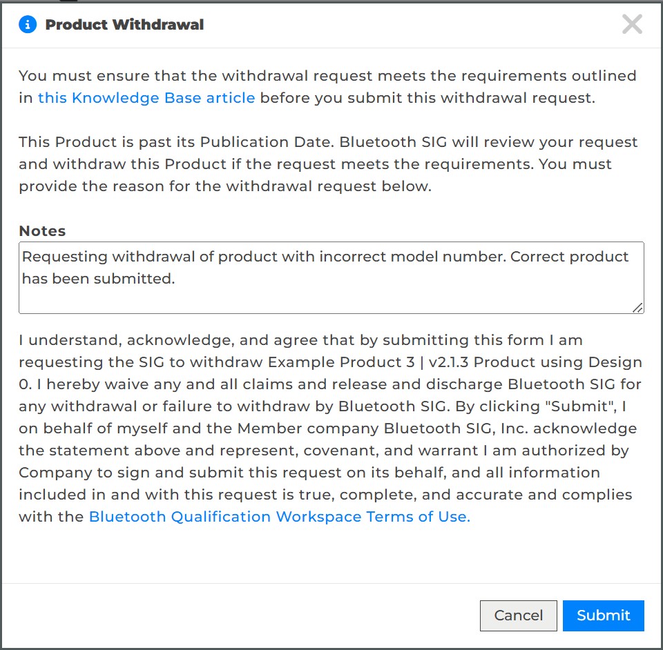 Product Withdrawal window with a Notes field for the withdrawal reason, the terms to review, and a Submit button